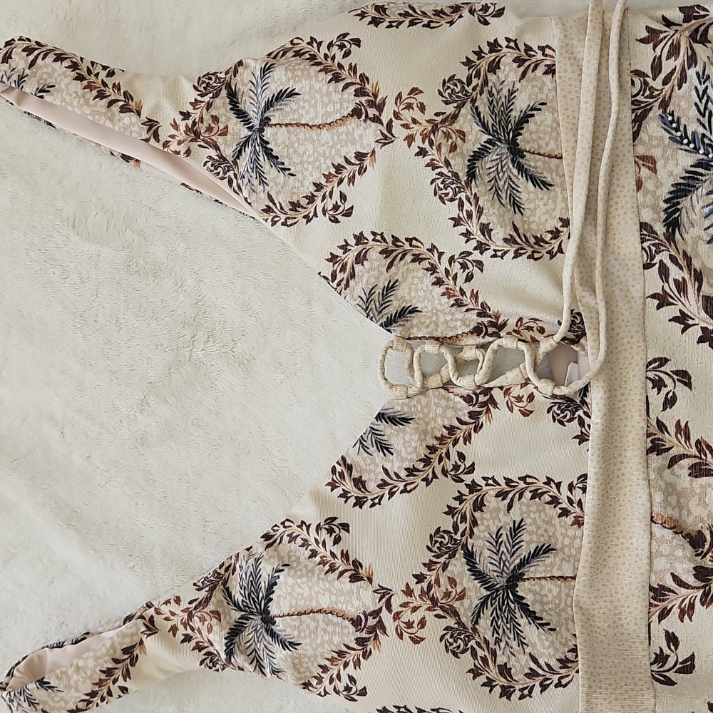 NWT Cosita Linda Elegant Palm Print One-Piece Swimsuit:Tan/brown/navy: Size- Med - Picture 2 of 13